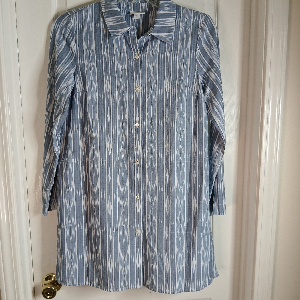 Purejill By J. Jill Ikat Blue and White Patterned Button-Up Shirt Dress Sz Small